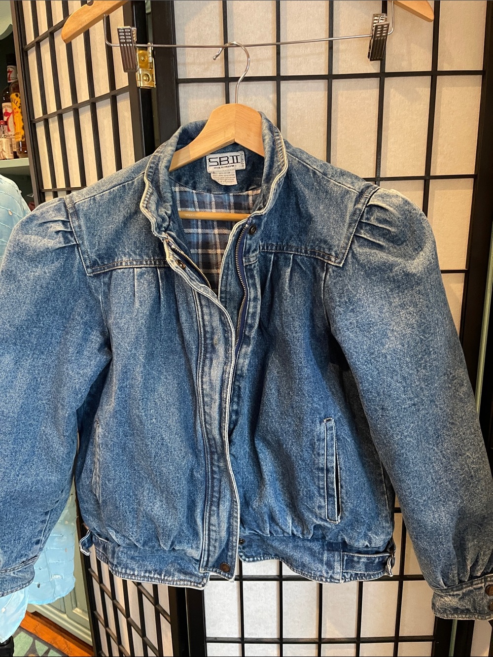 S.B.II Bitterman  Women's Vintage Blue Denim Jean Jacket with Plaid Lining